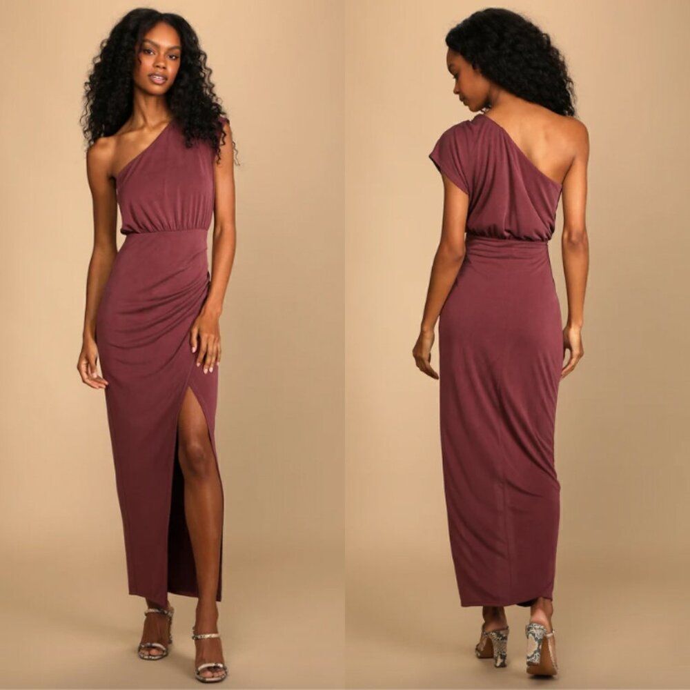 NWT Lulus washed plum purple jersey Take Me Out one shoulder drape maxi dress